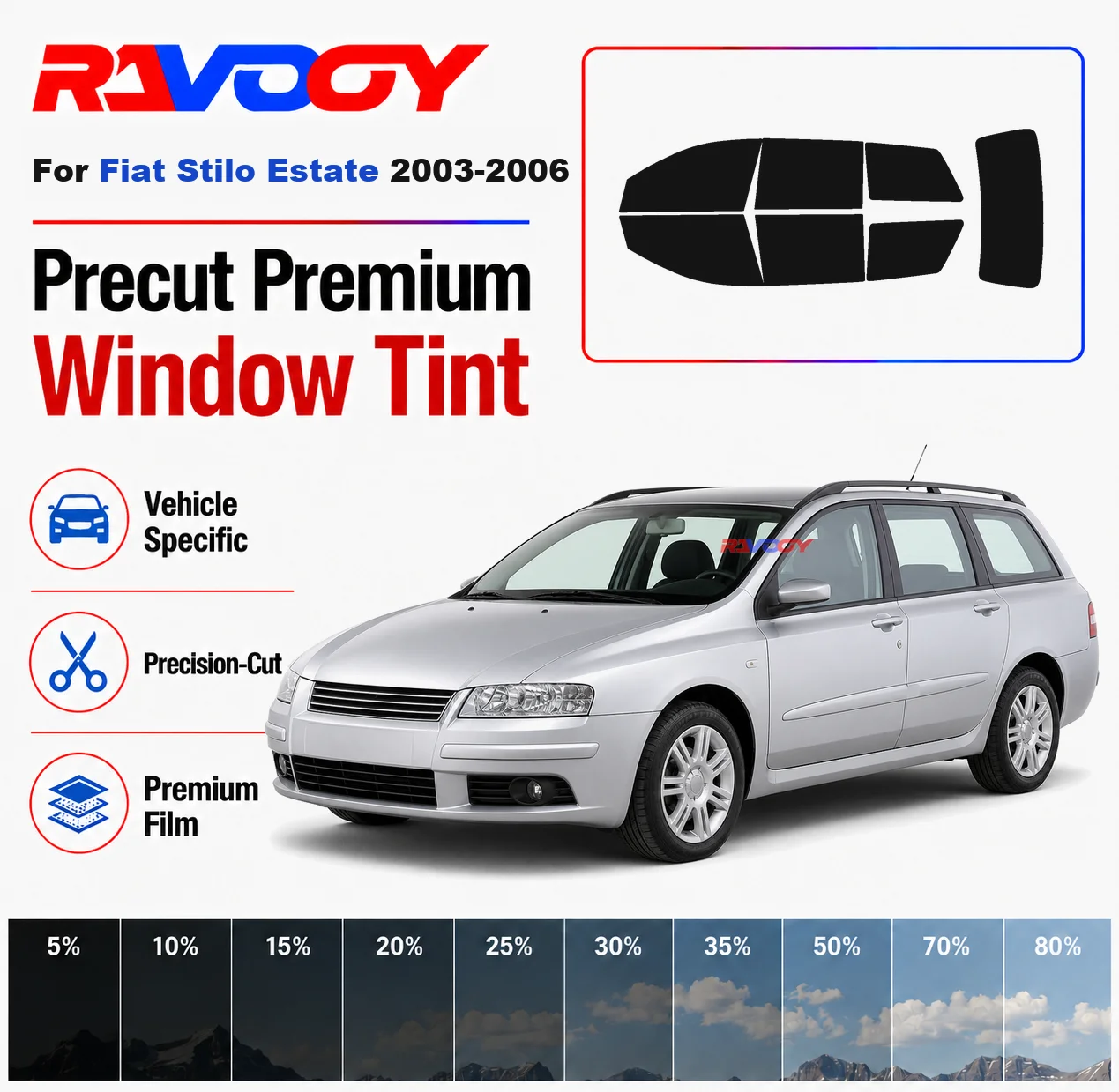 Kit de tinte para ventanas precortado de primera calidad, ventanas delanteras y traseras, parabrisas trasero para Fiat Stilo Estate 2003-2006, juego completo de película de cerámica Nano