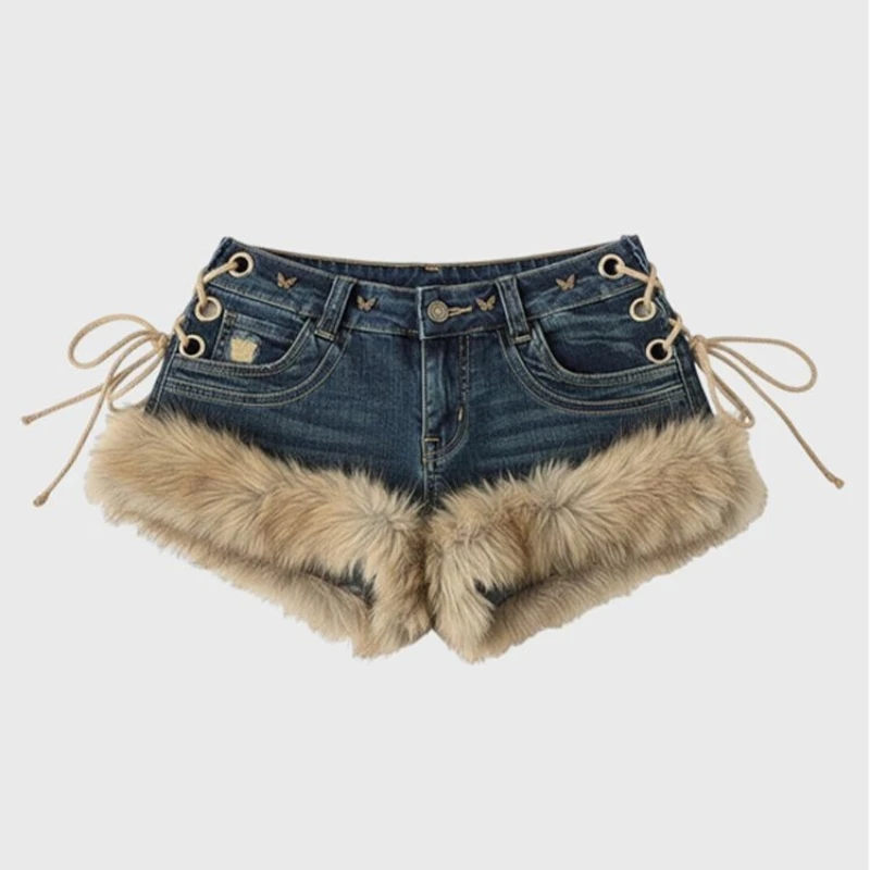 American Vintage Y2K Mujer Pantalones Y2K Goth Spice Girls Pure Desire Shorts Slim Fur Patchwork Punk Style Trendy Pants