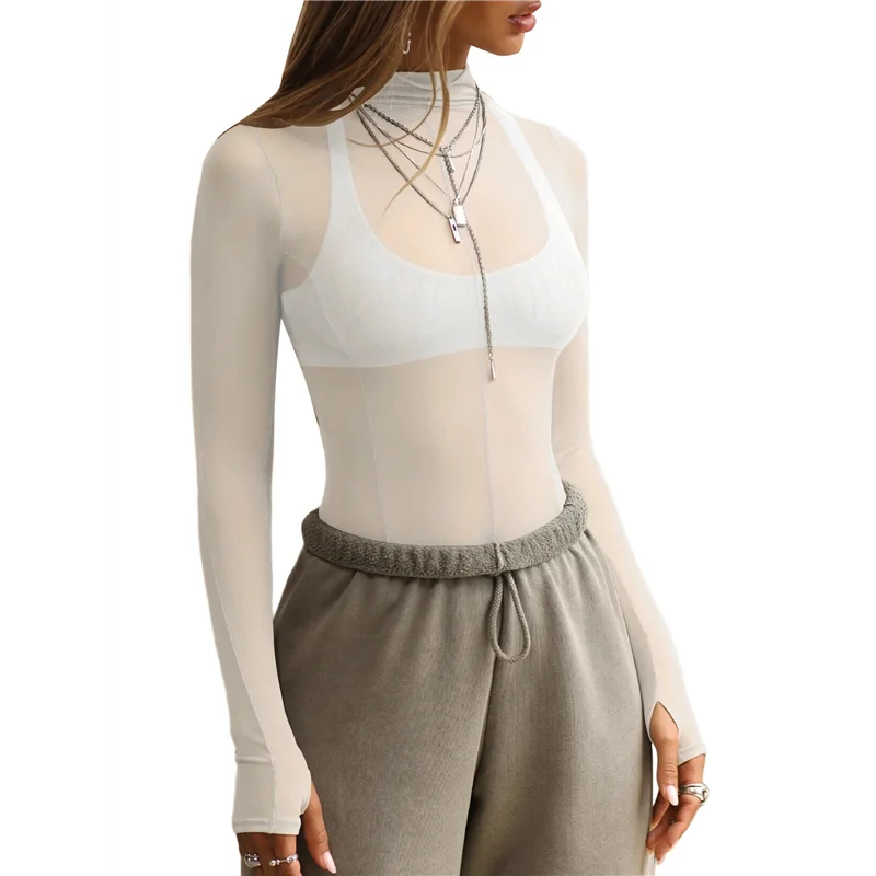 

ABRT-Mesh Long Sleeve Top For Women, Lace Sheer Tops See Through Mock Neck Floral Embroidery Sheer Blouce Shirt