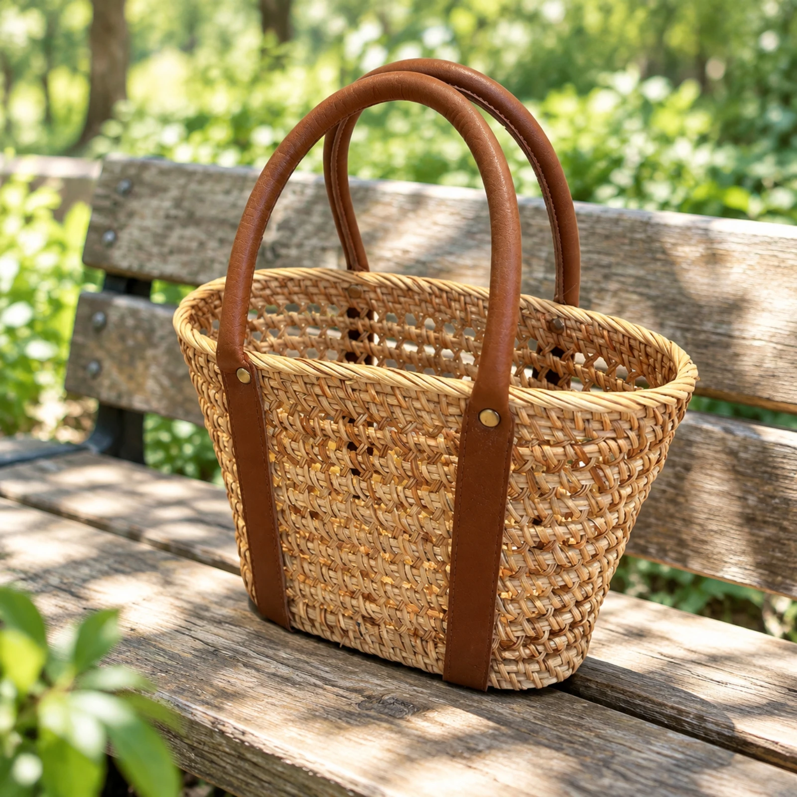 Handwoven Rattan Basket Bag Compact Rattan Bag with Leather-Look Handles Rectangular Woven Tote Chic Bohemian for Casual Outings