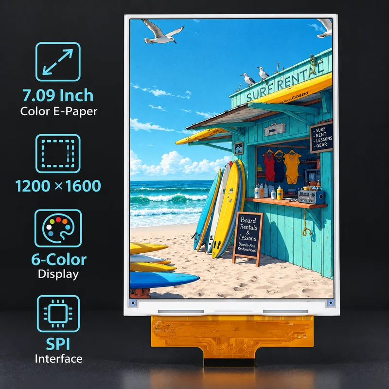 7.09 Inch 6 Color E-Paper Display 1200x1600 SPI Electronic Paper Panel FPC Connection for DIY Digital Photo Frames Signage