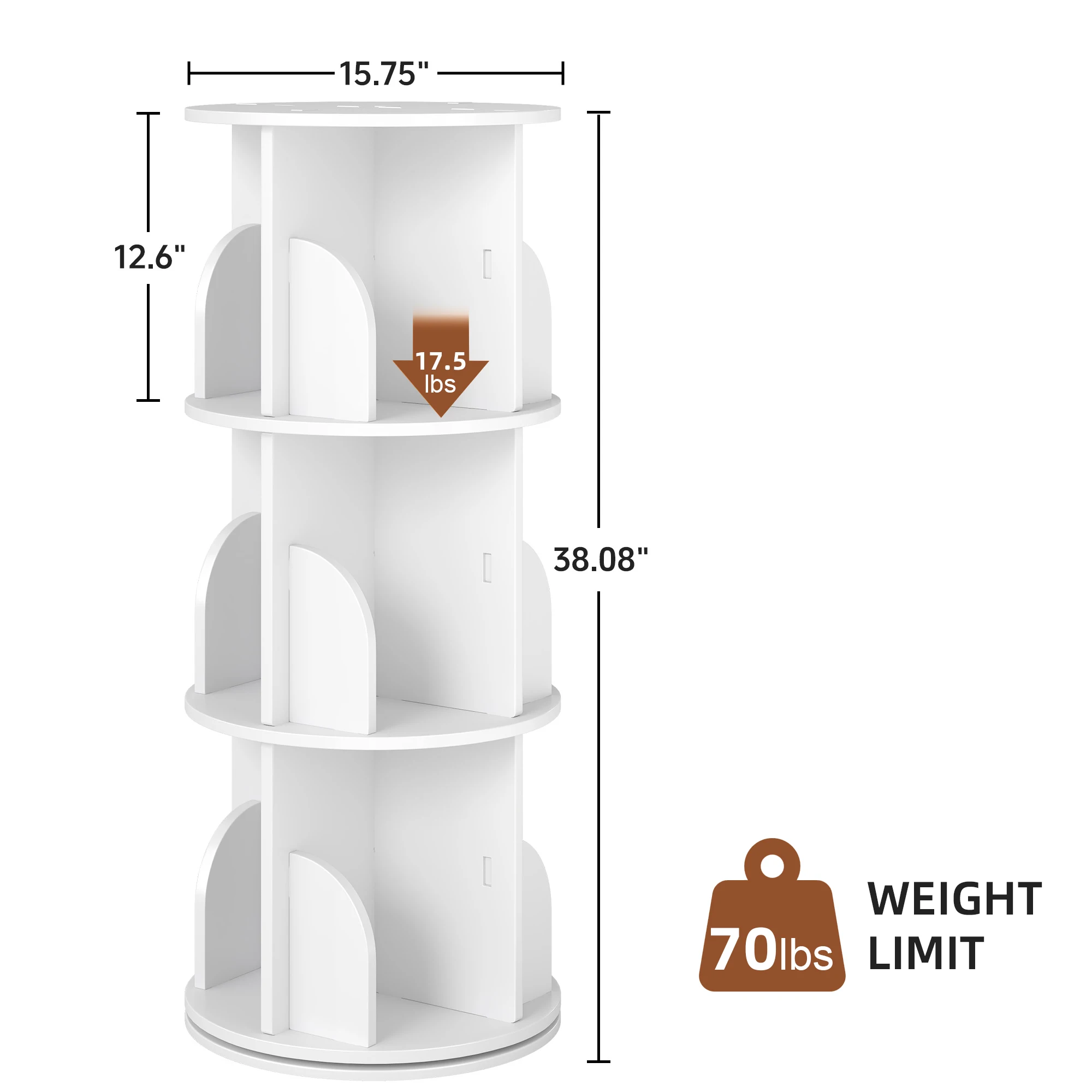 Rotating 3-Tier Bookshelf, 360° Spinning Corner Bookcase with Lazy Susan, White Space Saving Organizer for Study Room, Home Office, Kids Rooms, Bedroom, Adults & Kids, 15.75
