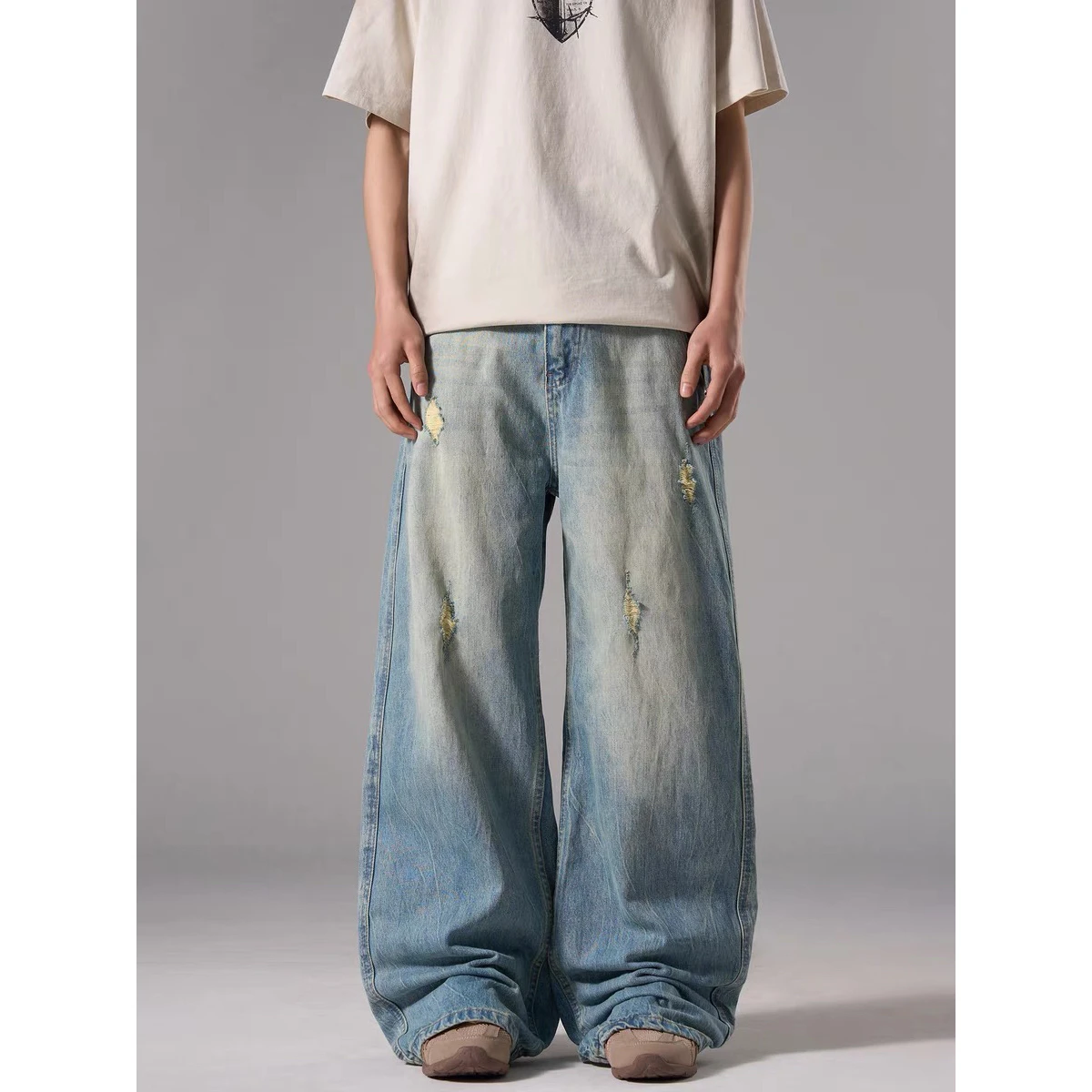 

Retro American Washed Crack Hole Men's Jeans Loose Wide Leg Casual Knife Shape Casual Lazy Long Trousers Splicing Style