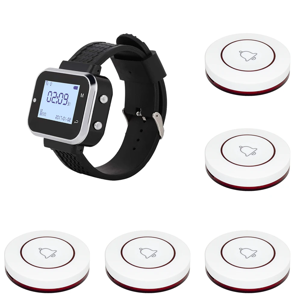 CATEL Draadloos oproepsysteem 5 tafelbelknopzenders 1 horloge Pager, restaurantkelner servicebel zoemer