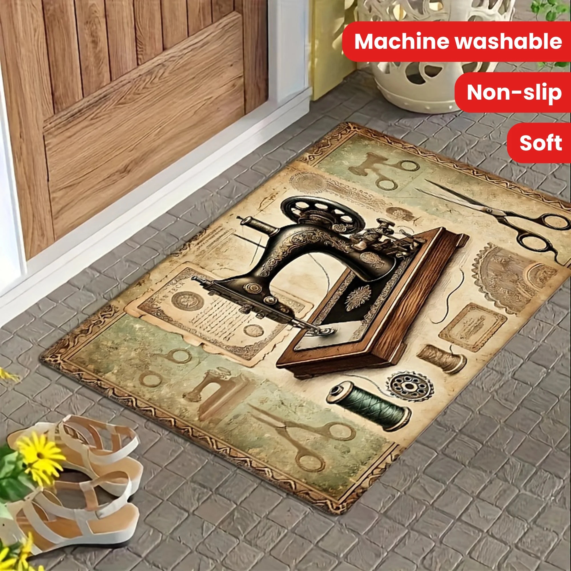 Retro Sewing Machine Scissors Pattern Door Mat Laundry Room Bathroom Toilet Non-slip Floor Mat Living Room Balcony Hallway Rugs