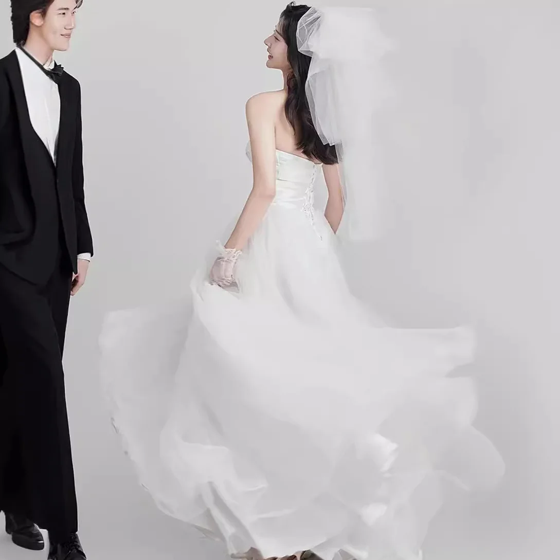 Vestidos de novia coreanos de corte a para mujer, vestido de novia Sexy sin tirantes y espalda descubierta, vestido de noche largo hasta el suelo para sesión de fotos elegante