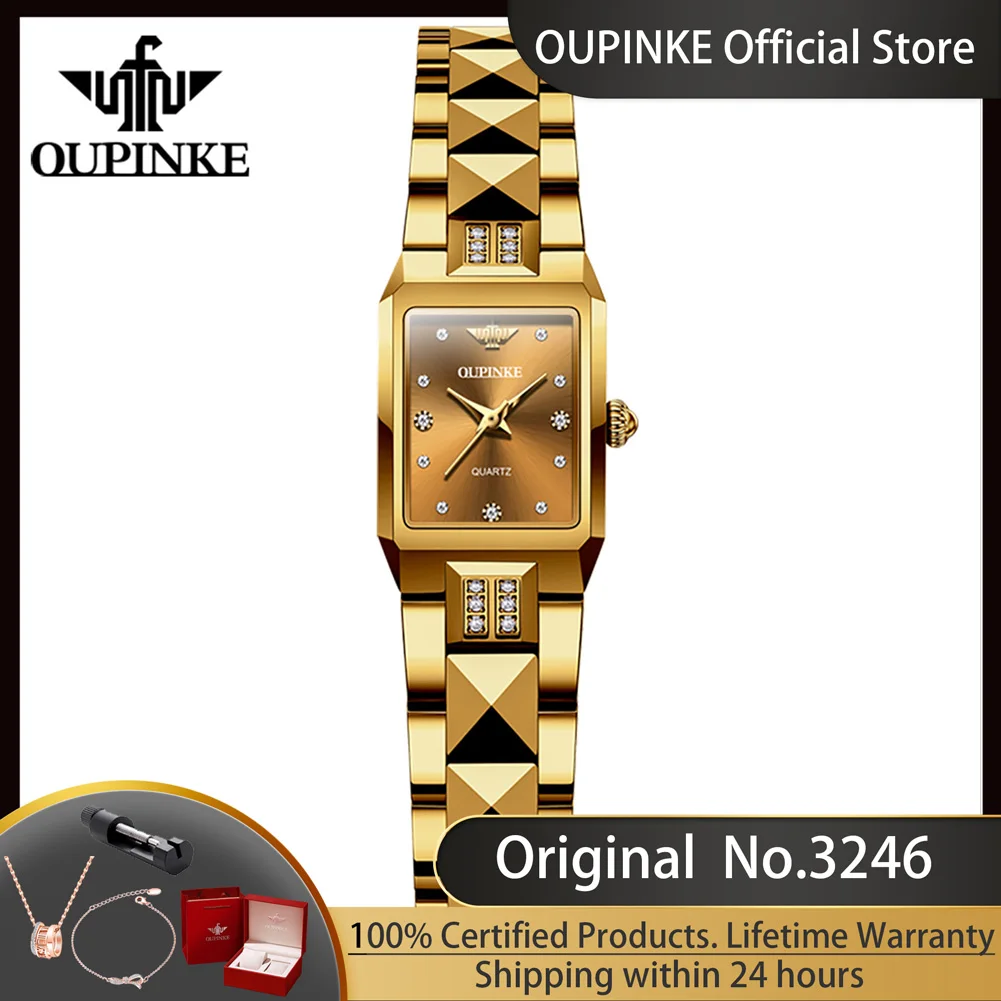 

OUPINKE 3246 Import Swiss Movement Quartz Watch for Women Square Tungsten Steel Strap Luxury Diamond Elegant Ladies Wristwatches