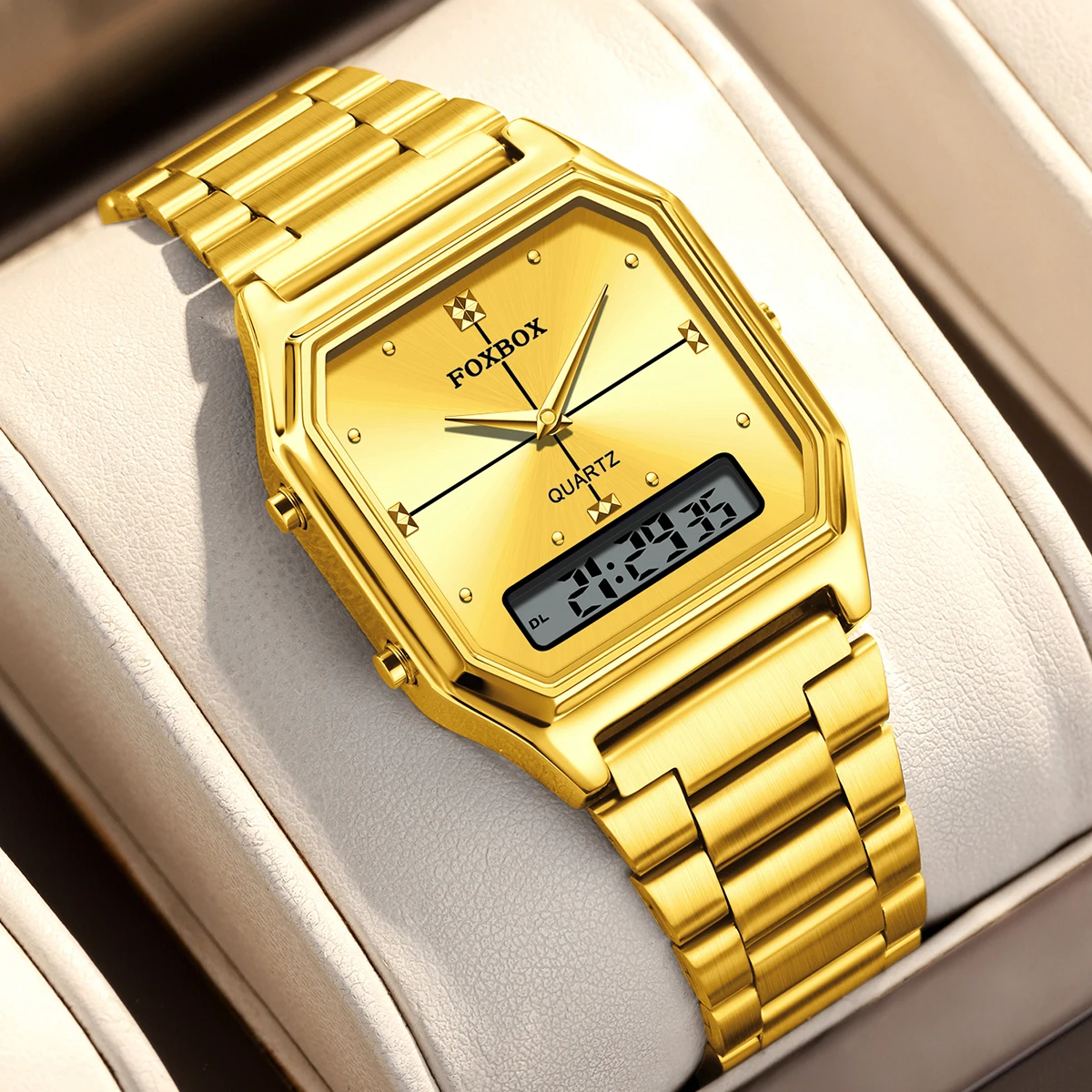 

Foxbox Luxury Mens Style Watches Stainless Steel Women LED Digital Dual Display Clock Unisex Waterproof Sport Quartz Women Watch