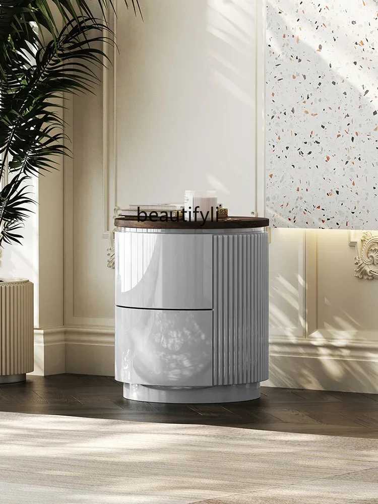 

07Italian Minimalist Bedside Table Gray Paint Simple Modern Designer Light Luxury Home Bedroom Locker living room furniture