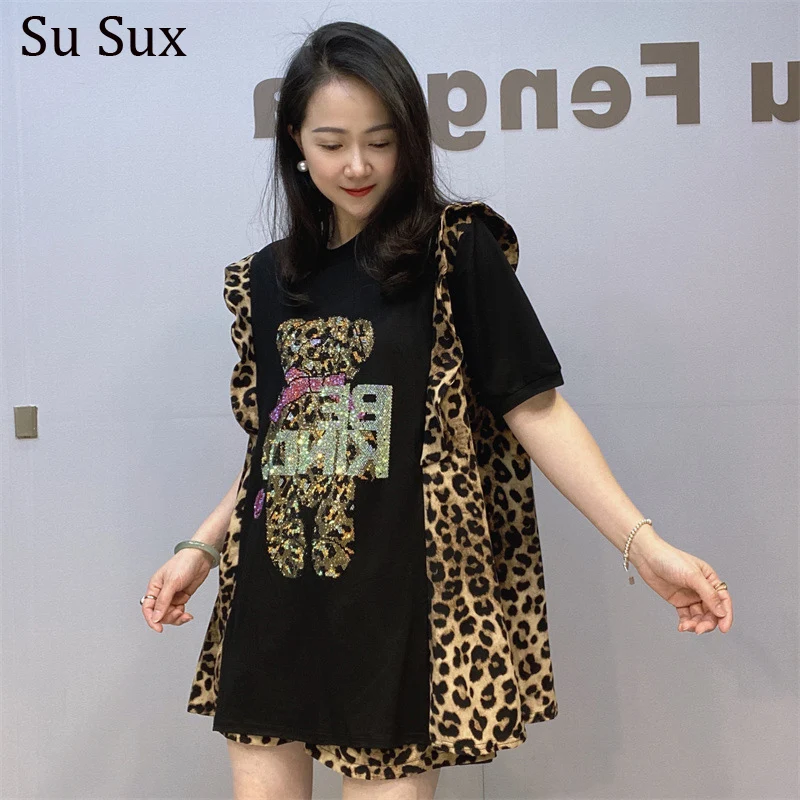 

Leopard Patchwork Ruffles T Shirt 2 Piece Set Women Outfits 2024 Summer Short Pant Sets Y2k Vestidos Bust 130cm