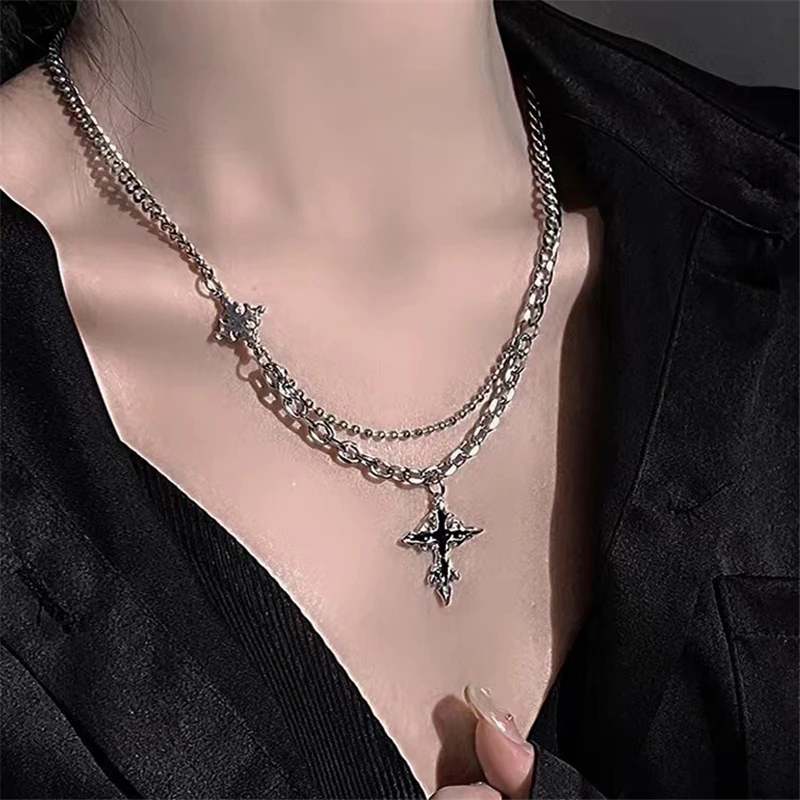 Punk Liquid Metal Back Cross Pendant Silver Color Chain Necklace For Women Men Y2K Grunge Hip Hop Halloween Jewelry Accessories