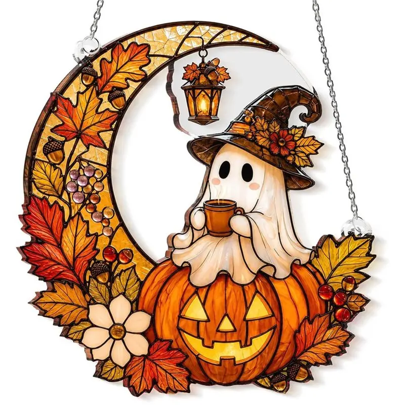 A25F-Ghost Pumpkin Ornament, Faux Stained Glass Halloween Suncatcher For Women, Basket Stuffers, Fall Decor Cute