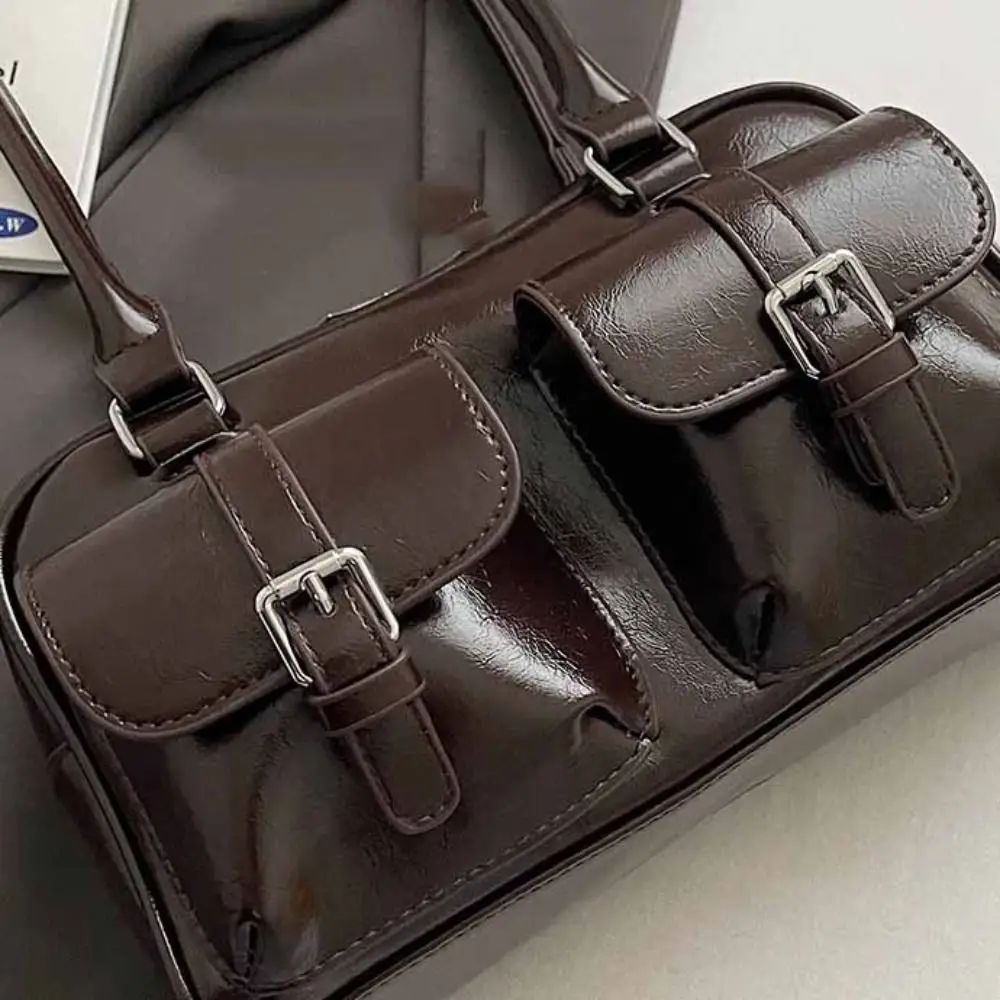 Simple Korean Style PU Bowling Bag Solid Color Minority Design Pocket Boston Tote Bag Handbag French Style Underarm Bag Girls