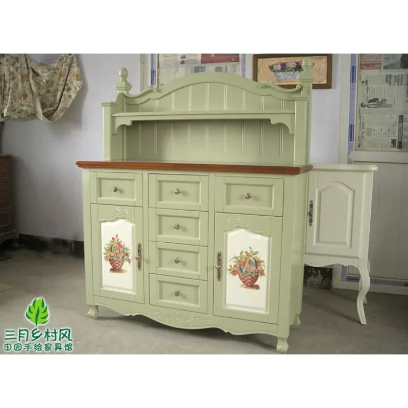 American pastoral Mediterranean British hand-painted rural green dining side cabinet solid wood cabinet wine cabinet March rural