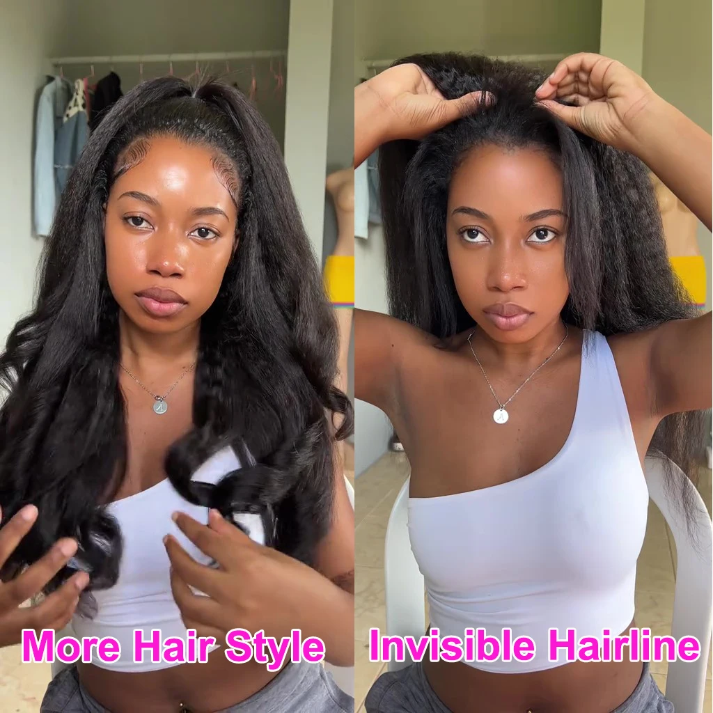 Half Wigs Human Hair Kinky Straight Wear Go Glueless Wigs Human Hair 3 in 1 Wig with Drawstring Beginner Friendly