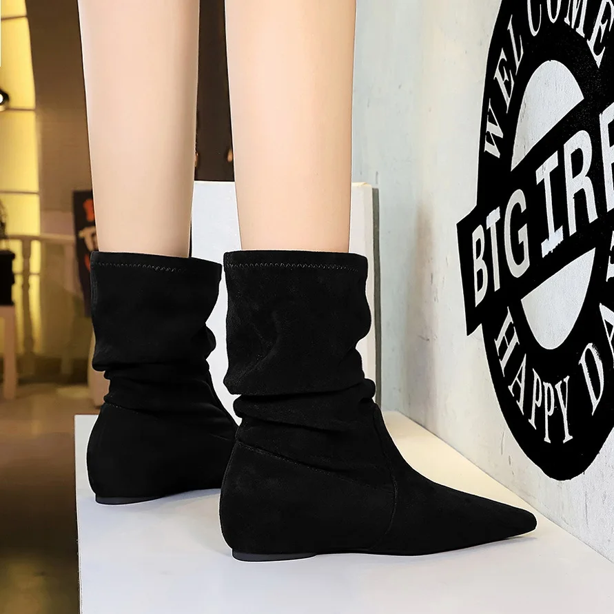 

Socks Boots Woman Elevator Shoes Vintage Pointed Toe Modern Boot Slip on Wedges Mid Calf Boot Fashion High Quality Black Brown