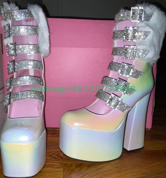 

Lady rainbow PU platform Mary Janes cut-out fur feather calf boots muti-buckle strap glitter bling boots size 35-46 footwear