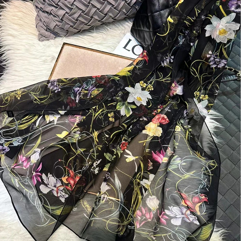 BYSIFA-Lenço preto de seda pura para mulher, xale floral, lenços longos, envoltórios, foulard, elegante, verão, praia, moda, novo, outono, inverno