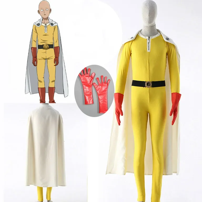 Disfraces de Cosplay de One Punch Man, monos de Saitama, capa, cinturón, sombrero y guantes, conjunto completo para fiesta de Halloween