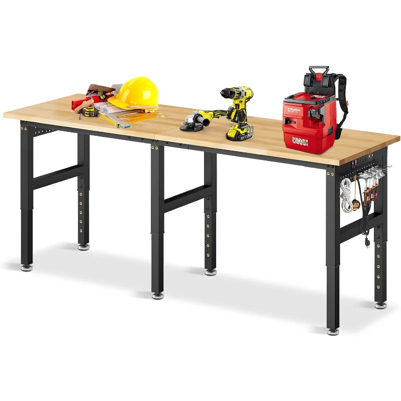 84” Adjustable Height Workbench, 5000 LBS Heavy Duty Table Rubber Wood Workstation with Power Outlet & Pegboard for Garage