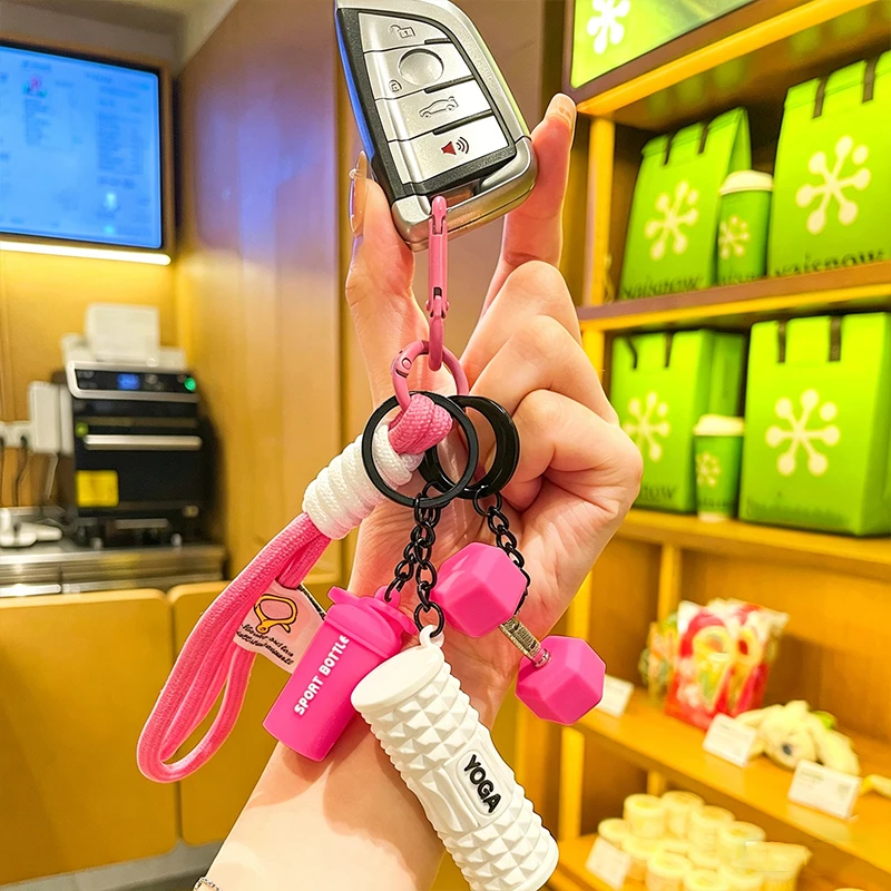 Fitness Series Detachable Barbell Plates Keychain with Simulation Dumbbells And Water Cup Keyring Creative Detachable Pendant