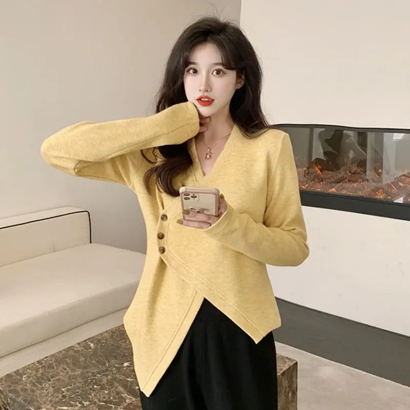 Fashion V-Neck Solid Color Button Asymmetrical Blouses Women's Clothing 2023 Autumn Winter Loose Casual Tops Irregular Shirts