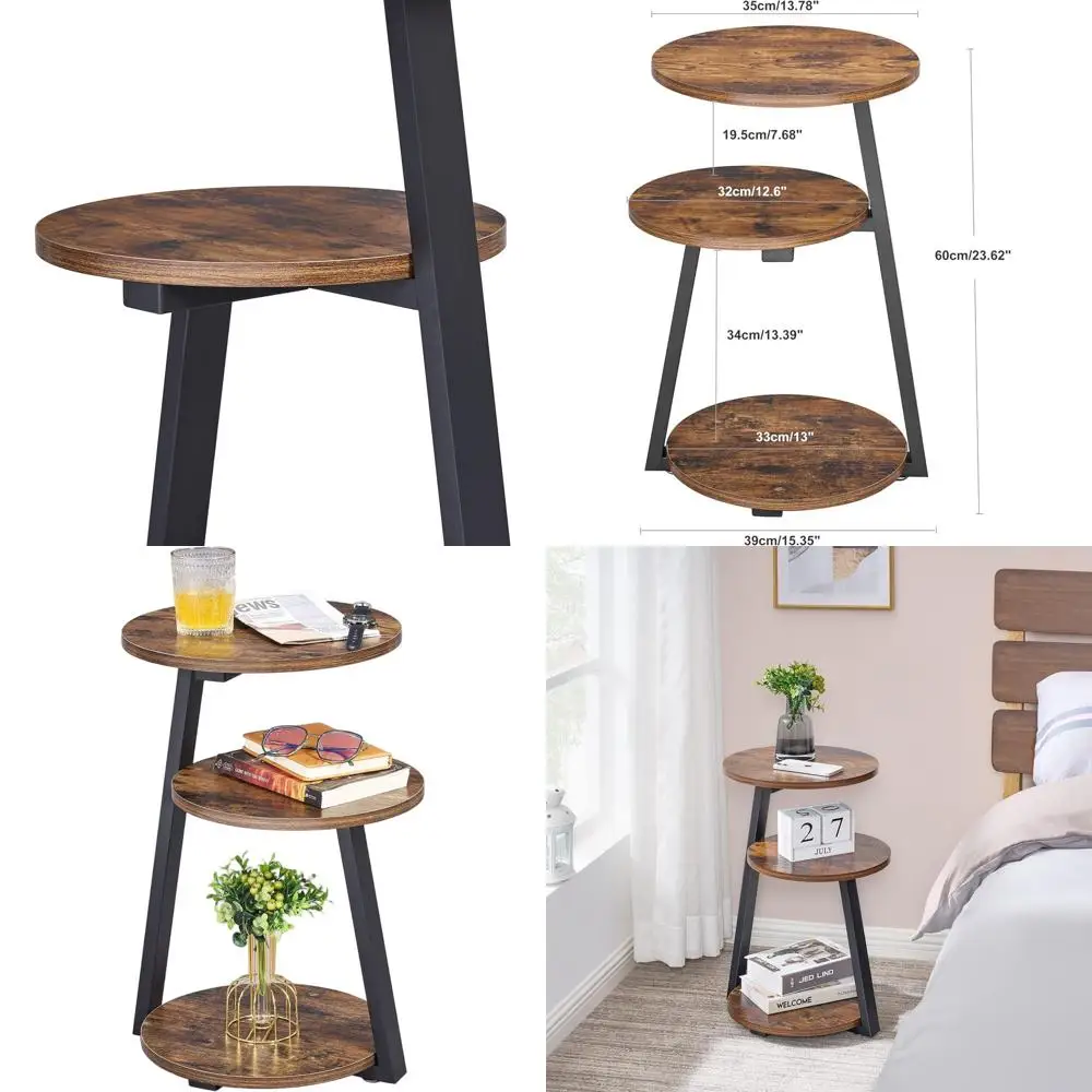 

Rustic Brown Metal Frame 3-Tier End Table, Accent Nightstand with Side Shelves for Living Room or Bedroom