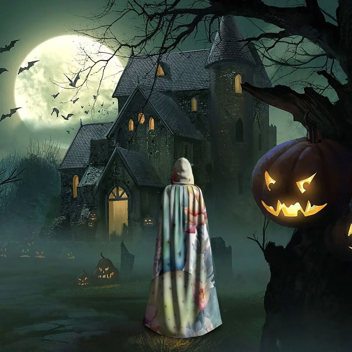 Watercolor Cactus Pattern Long Hooded Cloak Witch Medieval Costume Cosplay Cape HalloweenVampire Adult Unisex