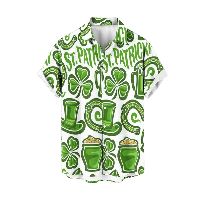 Casual Shirts Lucky Green Shamrock Beach Shirt Hawaiian Fashion Blouses Men Custom Plus Size Clothing Short Sleeve Male Tees