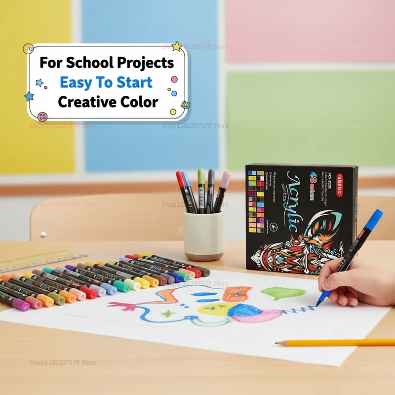 

48-Color Acrylic Paint Markers for Art and Craft Dual Tip Fine Brush Pens Suitable for Stone Wood Calligraphy and DIY Projects