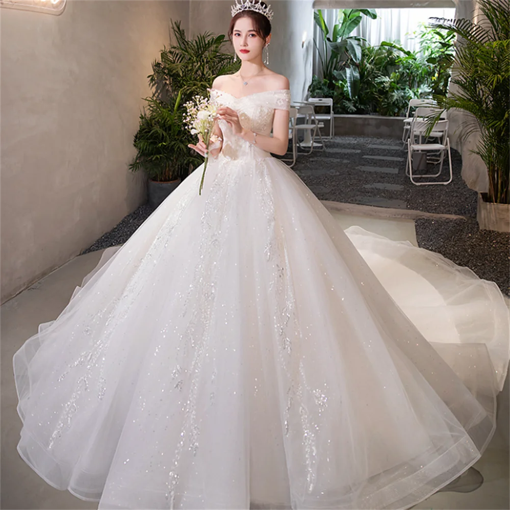 Elegant Handmade Boat Neck Wedding Dress With Train Lace Flower Bridal Dress  Off The Shoulder Ball Gown Customized   008