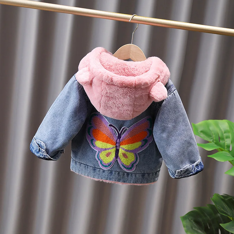 Baby Mädchen Jeans-Fleece-Kapuzenjacke 2026 Herbst Winter Kinder Niedliche Hasen-Applikation Dicker Warmer Mantel Kinderbekleidung Oberbekleidung – Detail 7