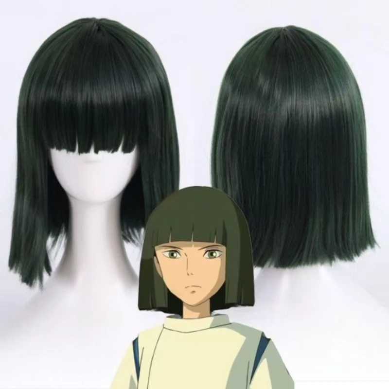Anime Haku Cosplay Wig Dark Green Short Hair Heat Resistant Synthetic Fiber Wig with Rose Net Cap Halloween Party Cosplay Wig