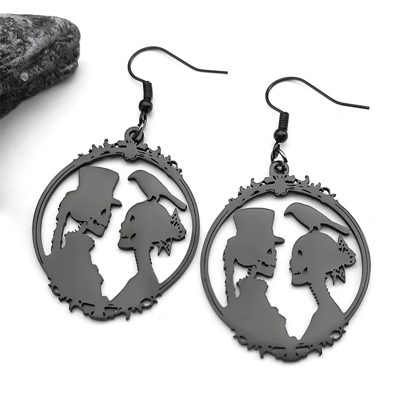 Gothic Bride and Groom Stainless Steel Skull Crow Hoop Earrings for Women Men Black Photo Frame Couple Jewelry Party Gift