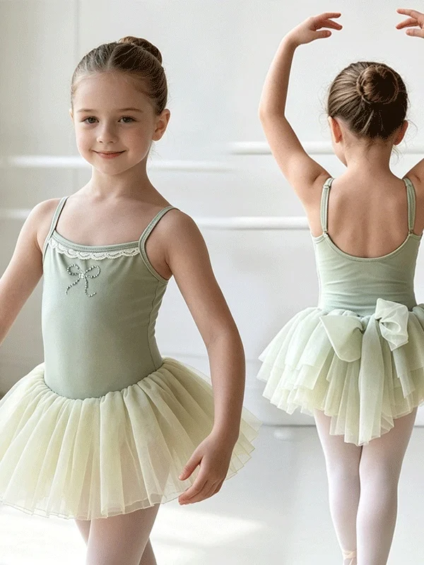 子供のバレエダンススカート夏グリーンストラップレスふわふわスカート練習パフォーマンス衣装女性子供バレエダンスドレス