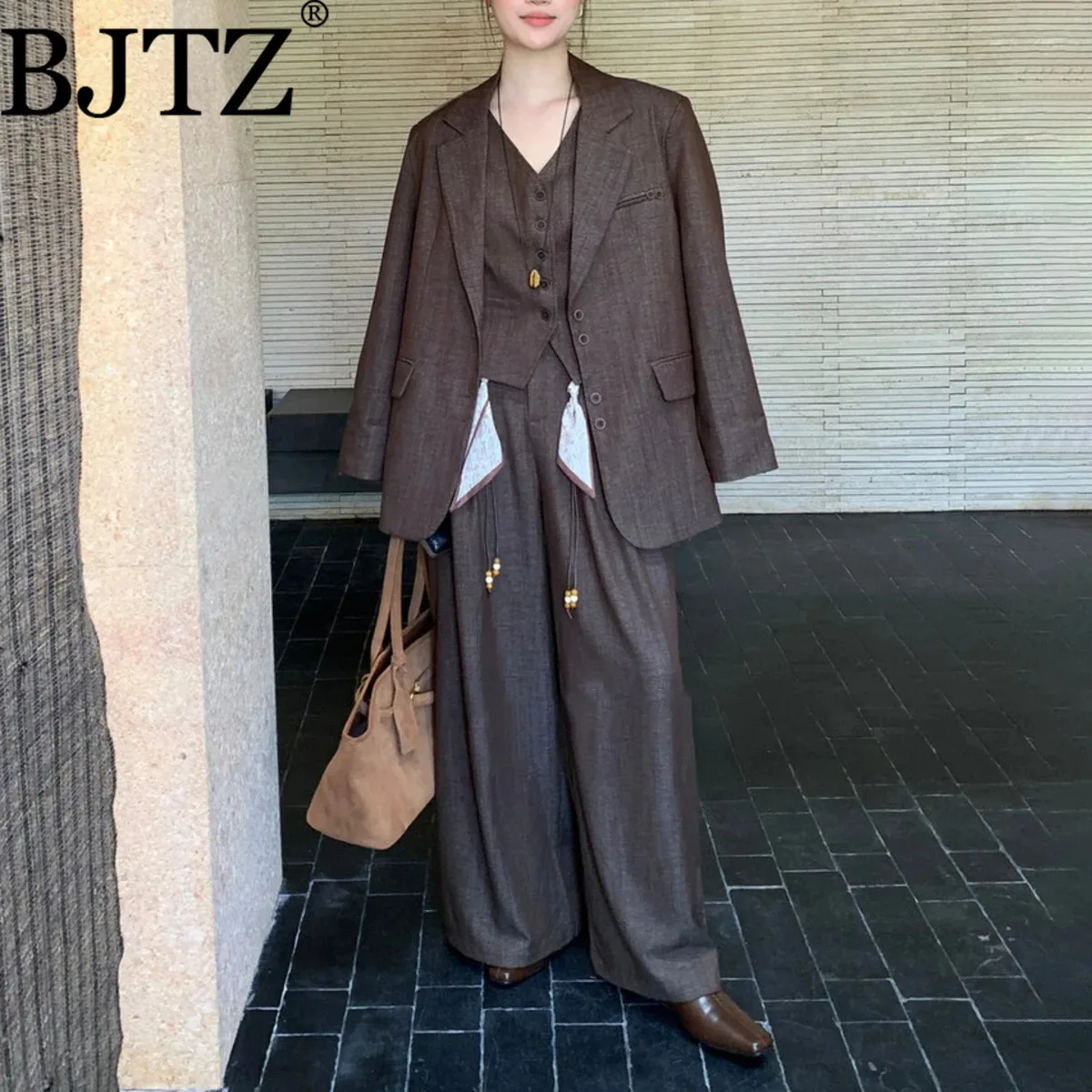 BJTZ سترة واحدة الصدر الخامس الرقبة سترة عالية الخصر السراويل واسعة خمر المرأة 3 قطعة دعوى مجموعة ربيع الخريف موضة جديدة