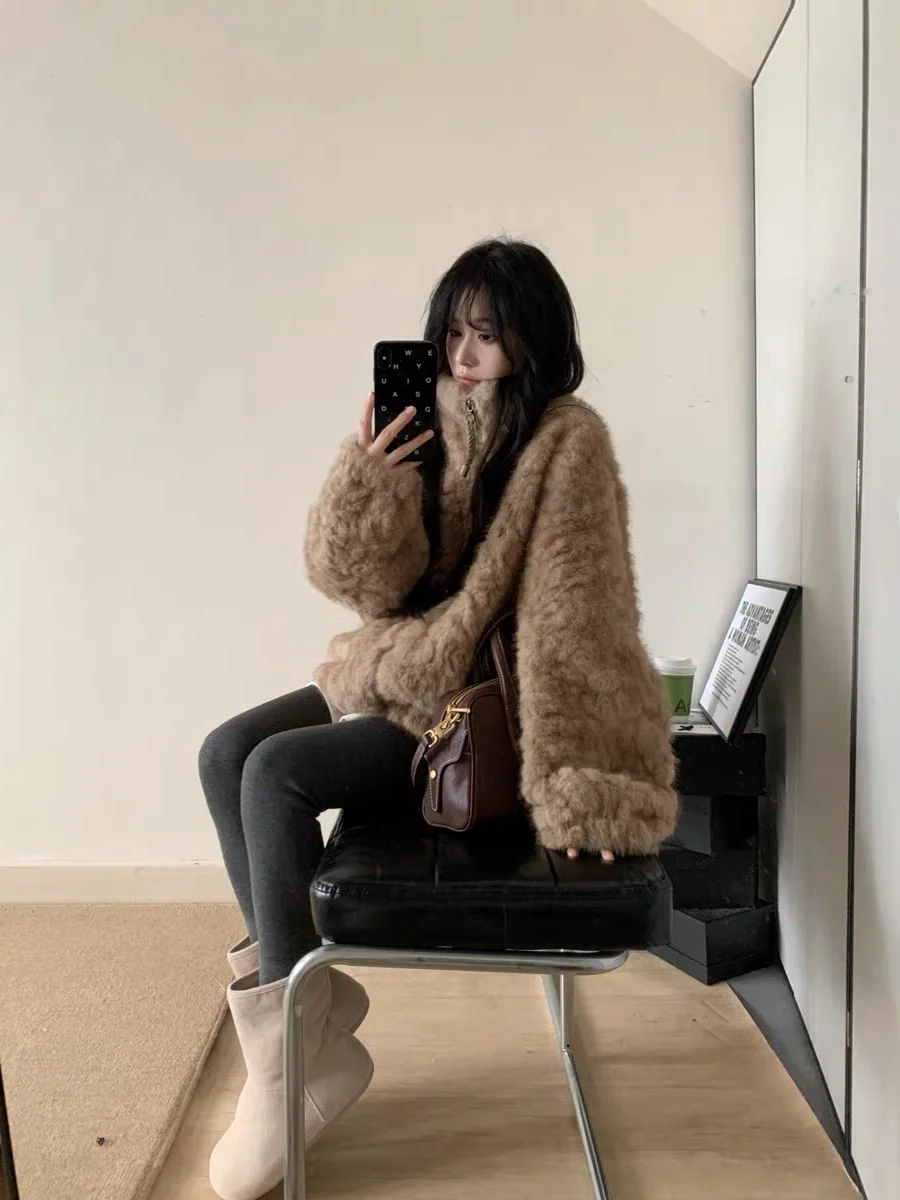 

Korean Sle Stand Collar Luxury Feel Environmental Leather Coat Women Winter New Loose Warm Thi Cotton Outerwear