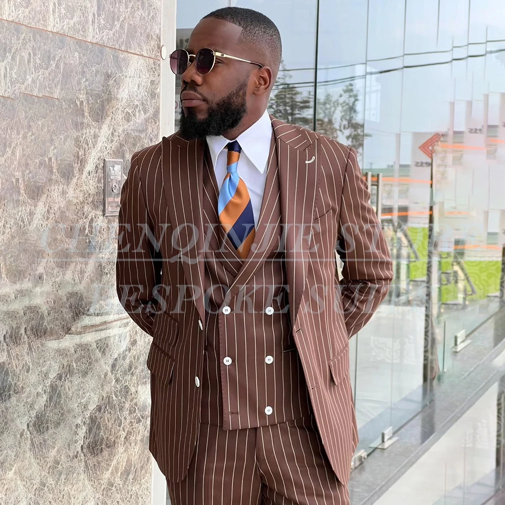 

Customzied Stripe Men's Suits Luxury Single Breasted Peak Lapel 3 Piece Jacket Pants Vest Business Male Outfits Clothing Blazer