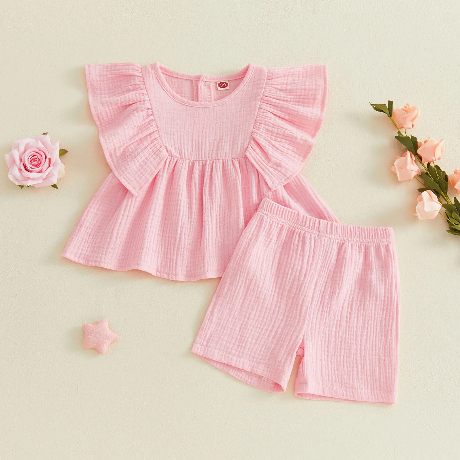 Toddler Baby Girls Summer Outfit Fashionable Solid Color Flying Sleeve Tops with Shorts 2Pcs Set