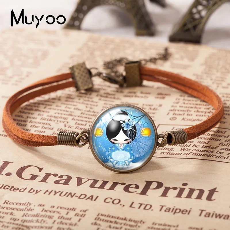 2023 New Kokeshi Leather Bracelet Japanese Doll Glass Dome Photo Bracelets Handmade Jewelry For Women