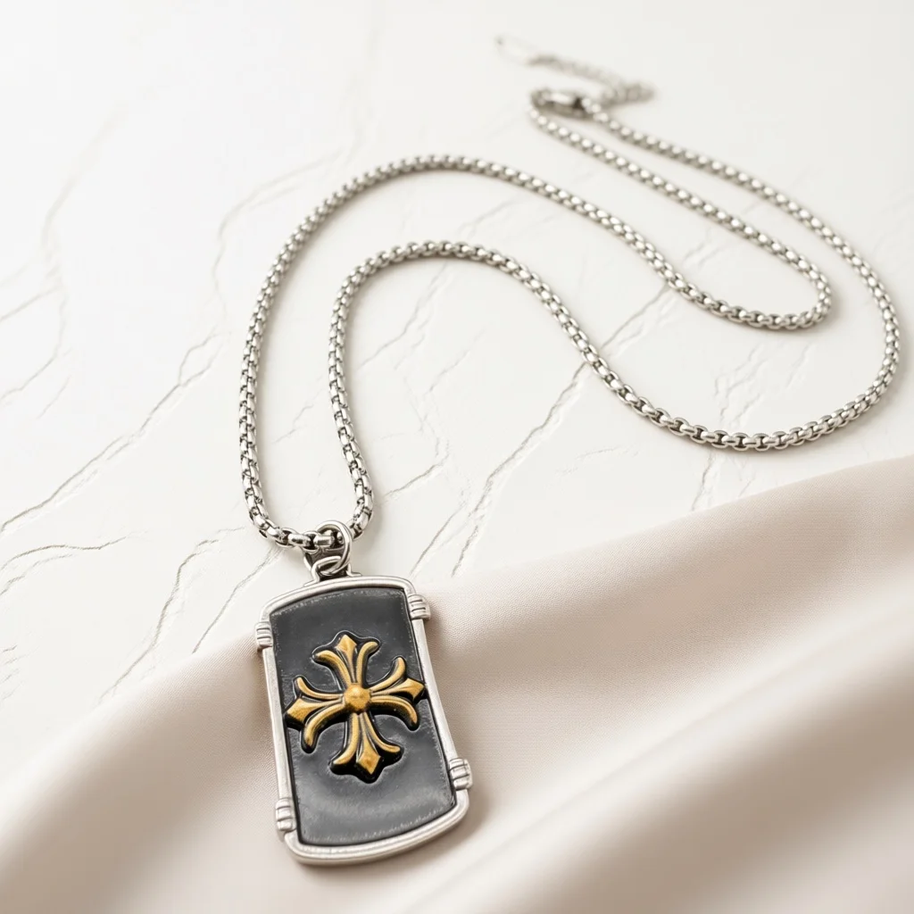 Two‑Tone Black Enamel Tag Pendant Necklace, Embossed Floral Rectangle Clavicle Chain, Retro Fashion Jewelry Gift for Men Women