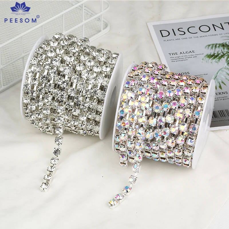 PEESOM SS28 /SS38 6mm 8mm Sparse Crystal Cup Chain Trim Big Size Clear Glass Sewing Rhinestone Chain for Clothing Accessories