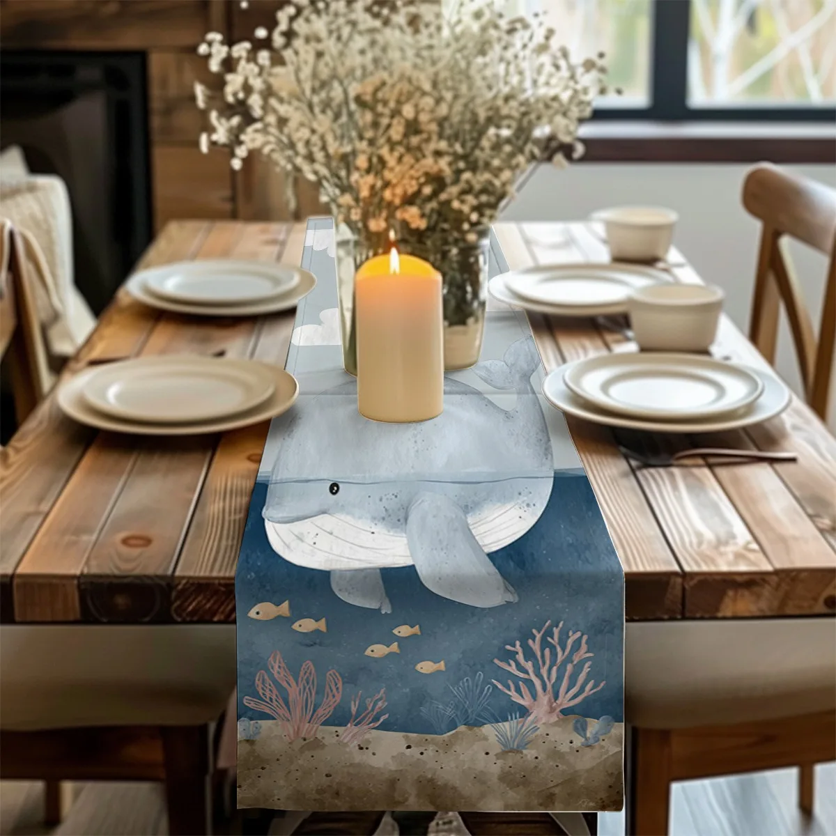 print table runner Ocean Whale & Botanical Watercolor Style Long cloth Party Decor,Tabletop Protection,Dresser Scarf,Decorative