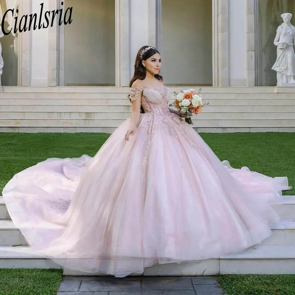 

Princess Off The Shoulder Beading Crystal Quinceanera Dresses Ball Gown Sequined Appliques Lace Sweet 15 Años Mexican Customized