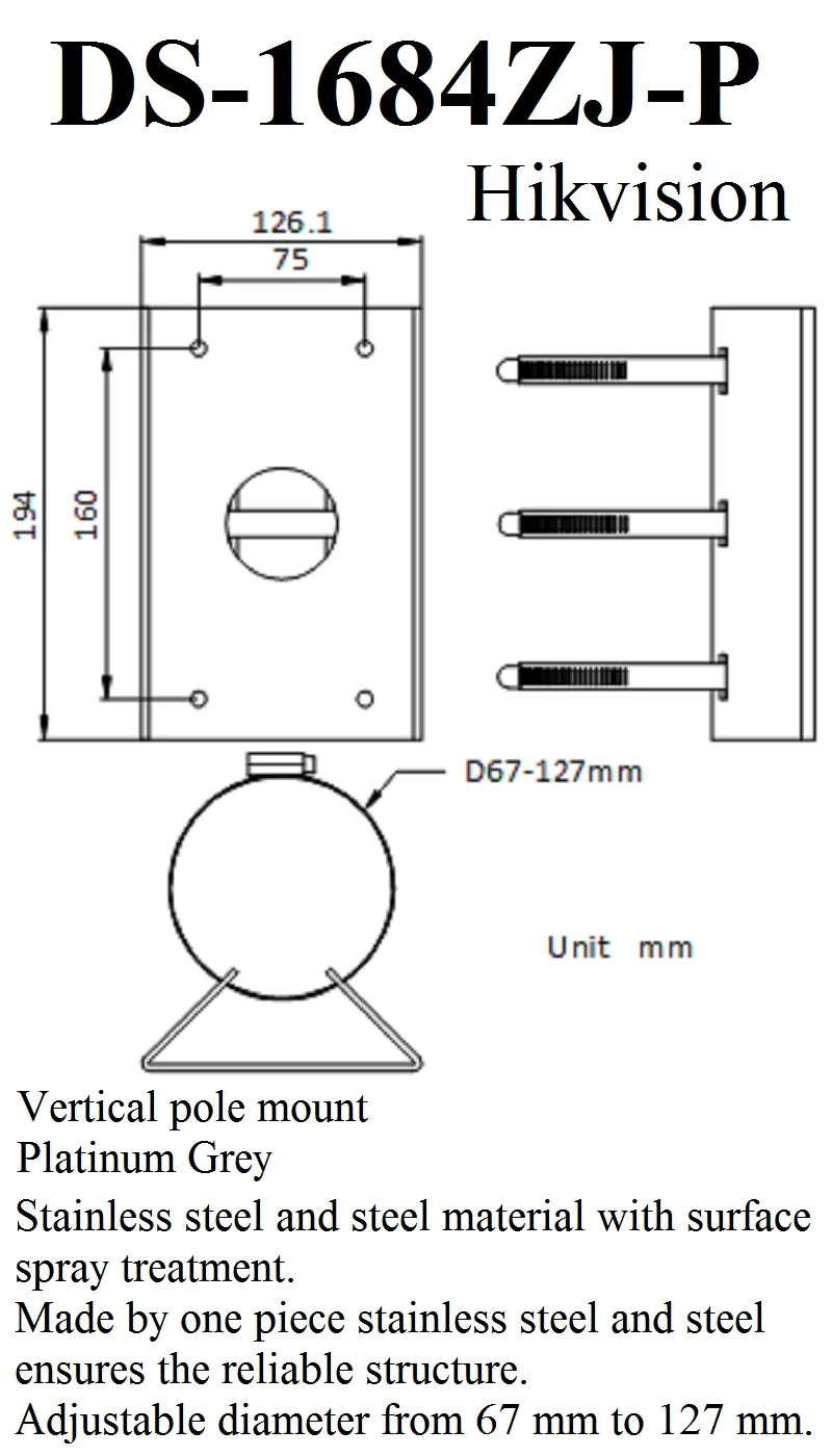 Hikvision Camera Bracket DS-1684ZJ-P DS-1684ZJ-P-Y Horizontal Pole Mount for PanoVu & Speed Dome Stainless Steel Platinum Gray