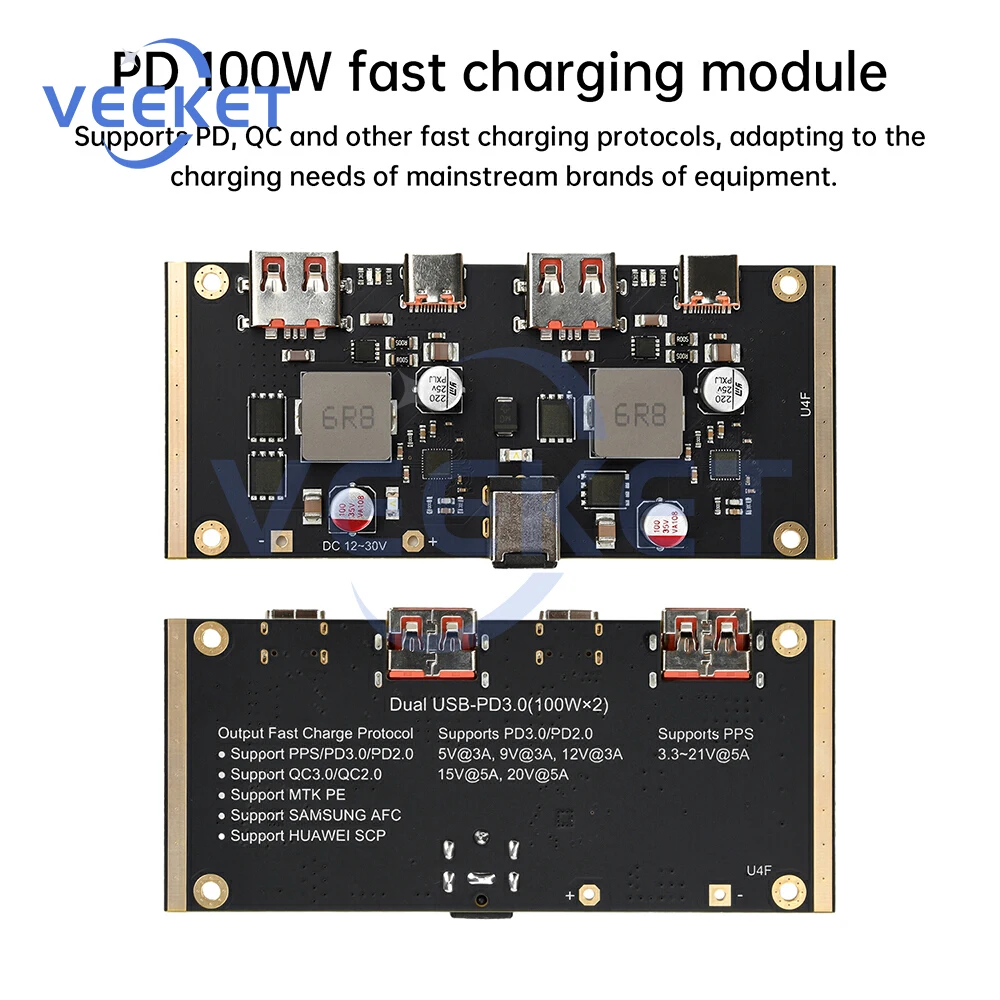 Modulo di ricarica rapida PD 100W DC12-30V 100W Modulo di ricarica rapida intelligente multiprotocollo a 2 canali Supporto PD QC SCP AFC VOOC