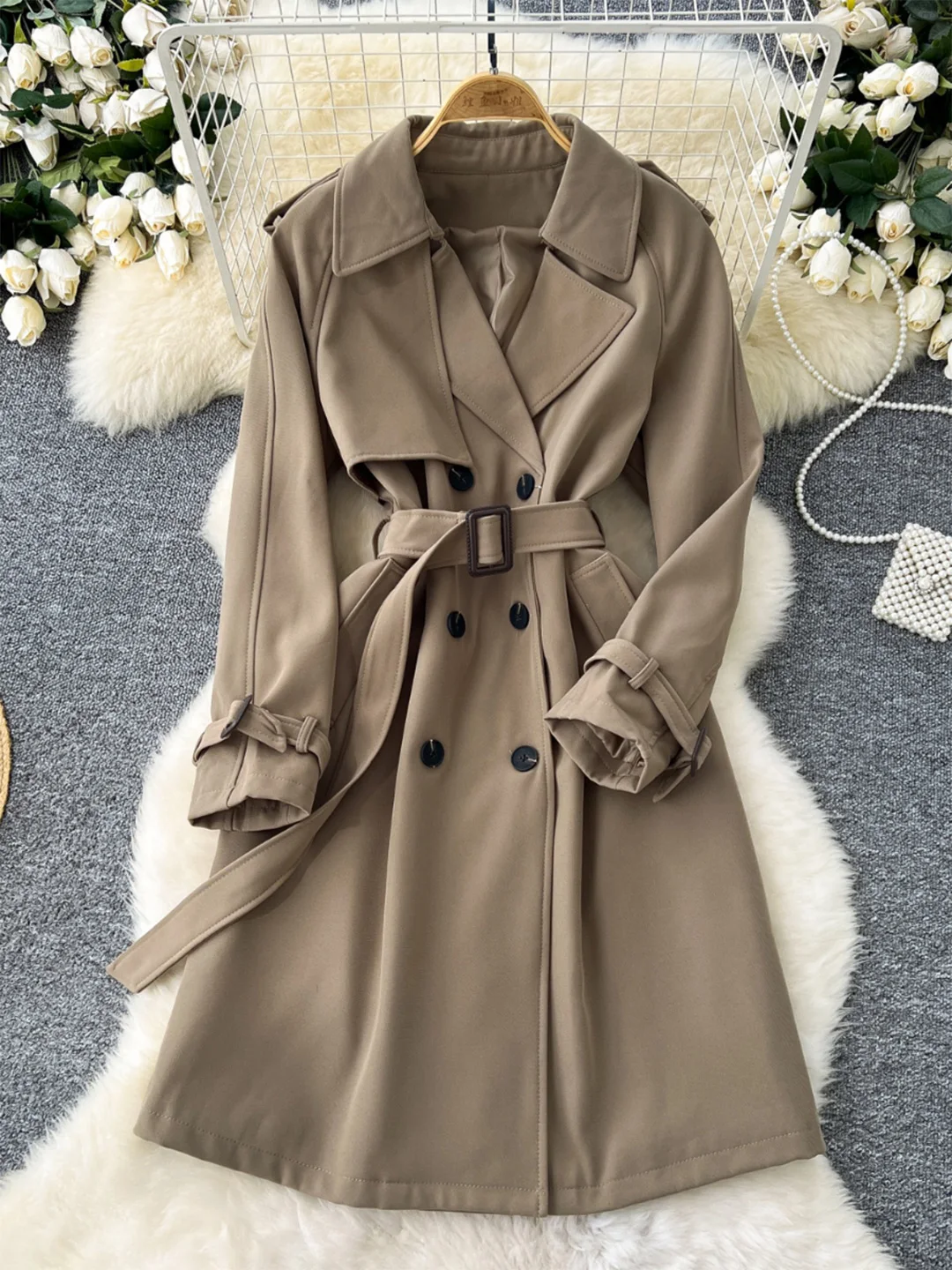 Chrysler automne hiver vêtements pour femmes 2024 col à revers manteau à double boutonnage ceinturé élégant trench long décontracté vêtements d'extérieur