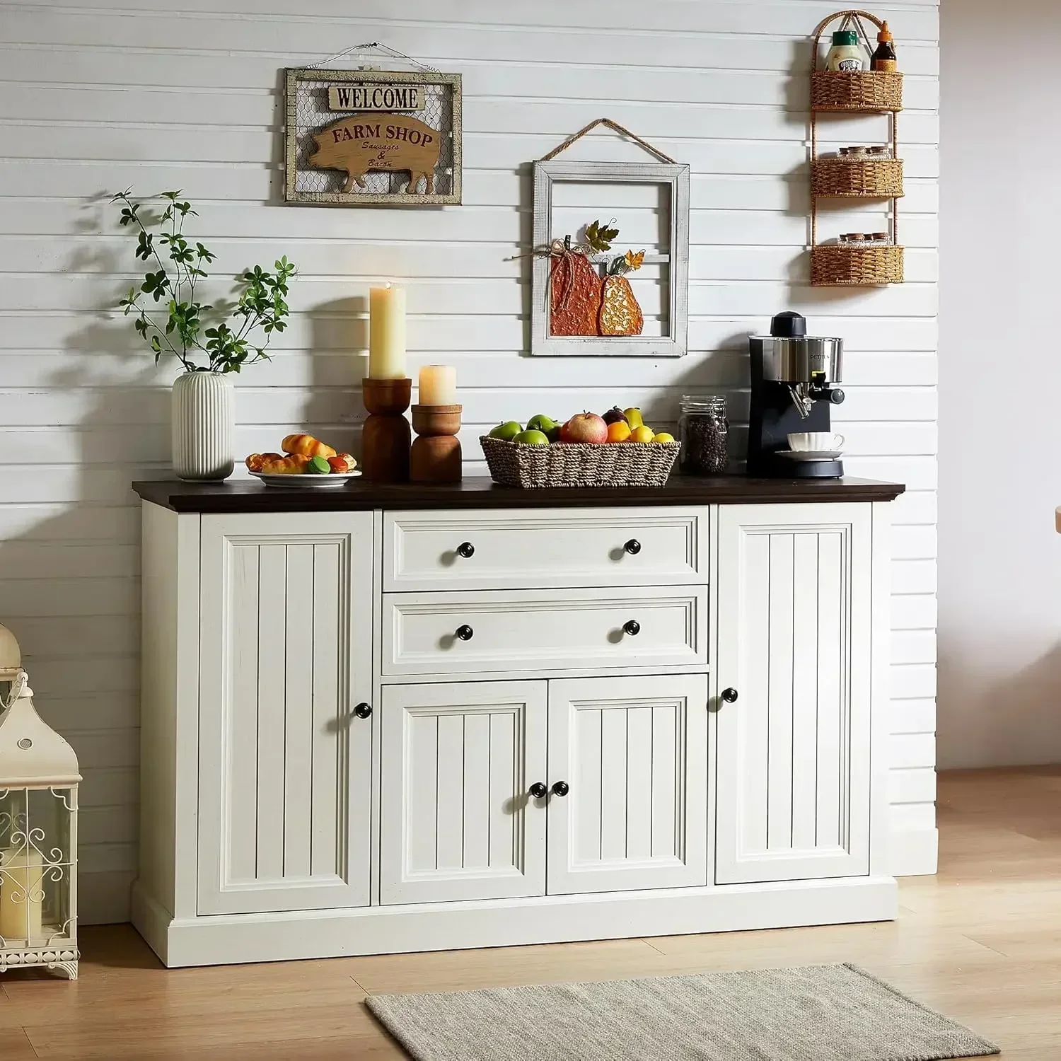 [Hot Deal, Best Seller!]58"  Cabinet with Storage,34" Tall Coffee Bar  w/2 Large Drawers&4 Grooved Barn Doors,Sideboard