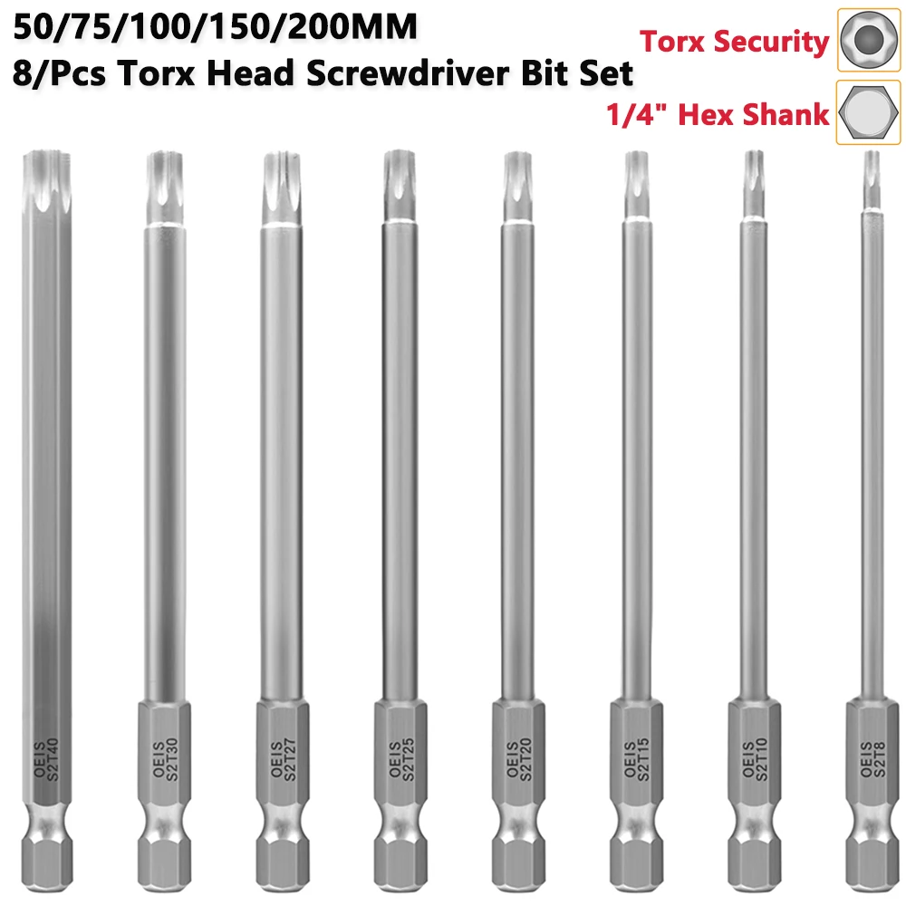 8pcs T8-T40 S2 Steel Magnetic Torx Head Screwdriver Bit Set 1/4