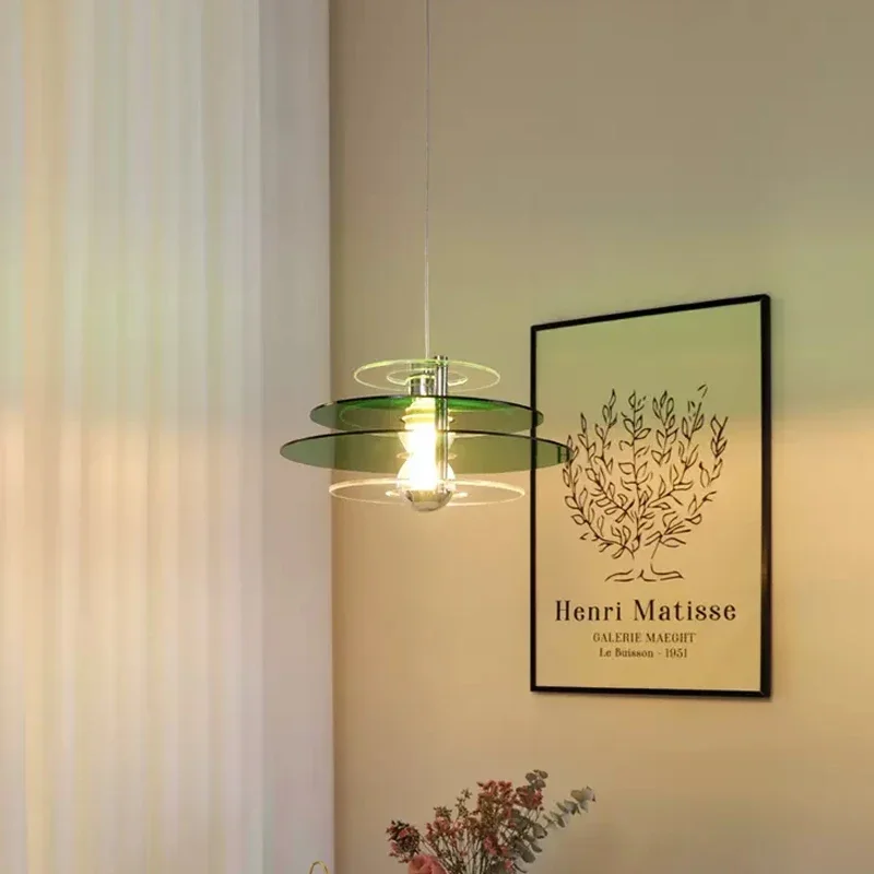 Lampu gantung LED, lampu gantung LED abad pertengahan Modern untuk restoran kamar tidur samping tempat tidur, kafe, dekorasi lampu piring terbang kepala tunggal akrilik